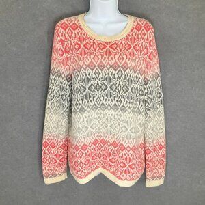 Talbots Womens Sweater Sz L Coral Gray White Lambswool Blend Fair Isle Pullover